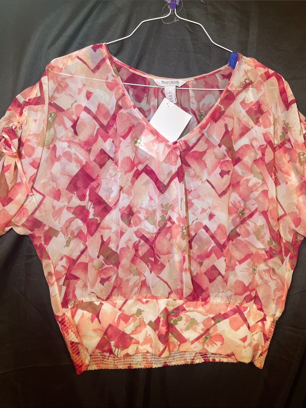 White House Black Market Pink and Coral Abstract V-Neck Blouse